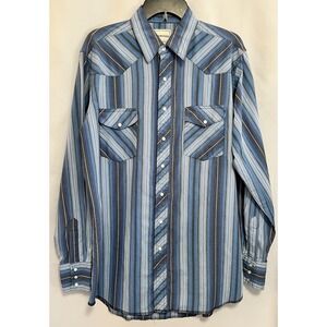 Vintage Frontier Cowboy Shirt Mens Large‎ Blue Striped Pearl Snap Y2K